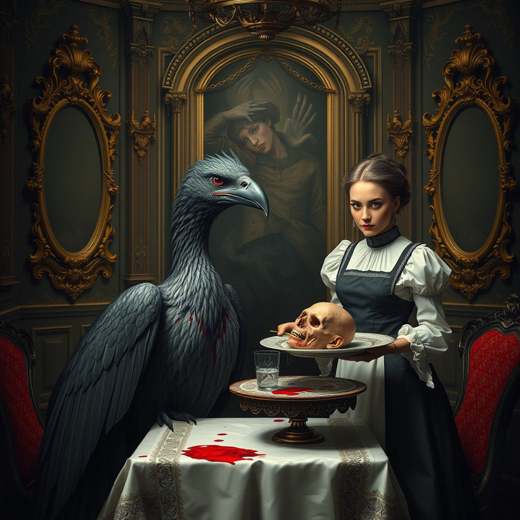 Baroque Bird Feast in Dark Mystical Chamber