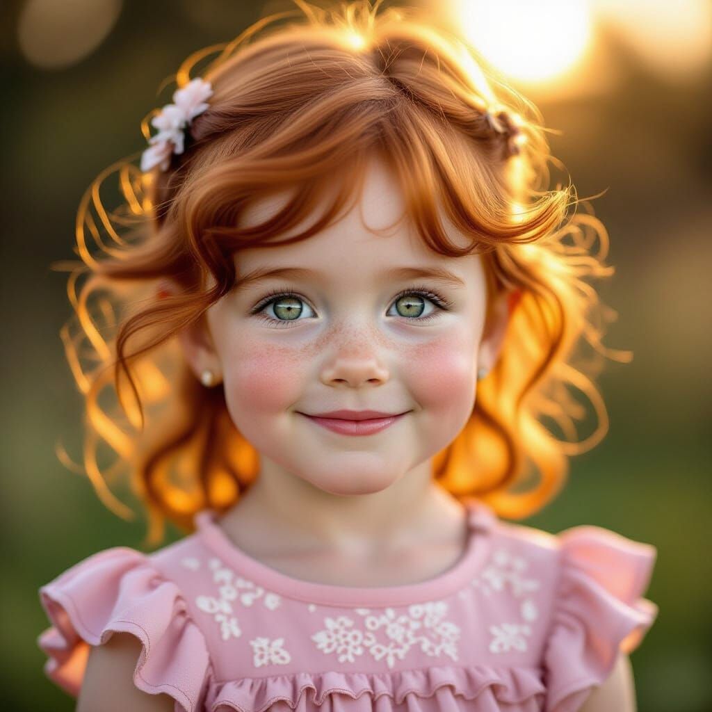 Redhead Girl With Green-Gray Eyes Smiling in Warm Light