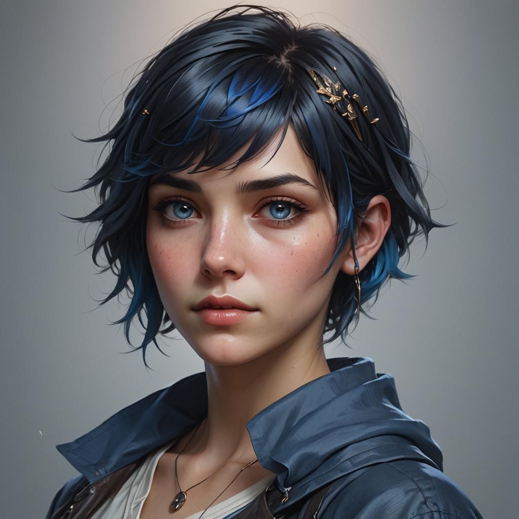Intricate Portrait of Woman with Black and Blue Hair