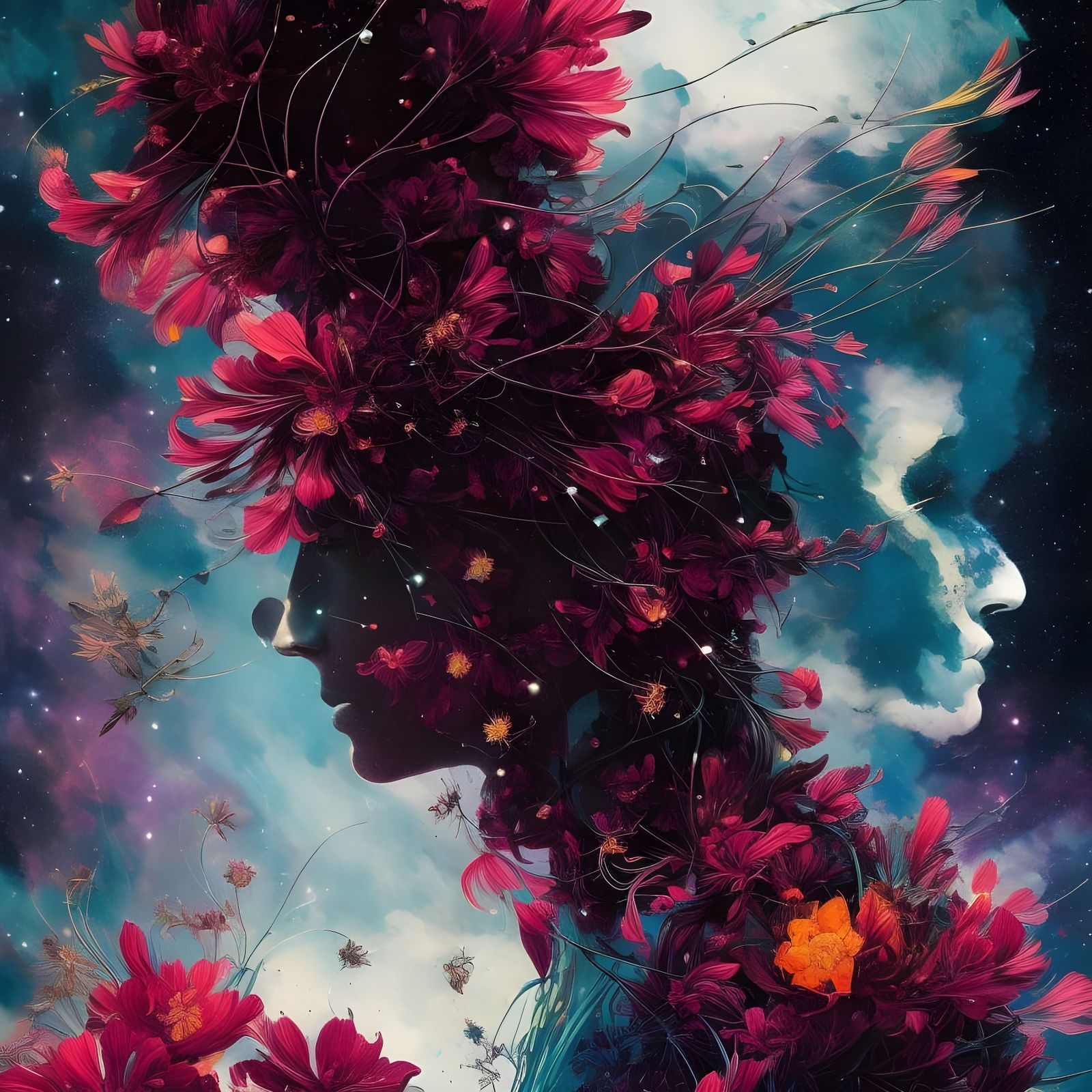 Cosmic Lycoris Flower in Surreal Collage Art