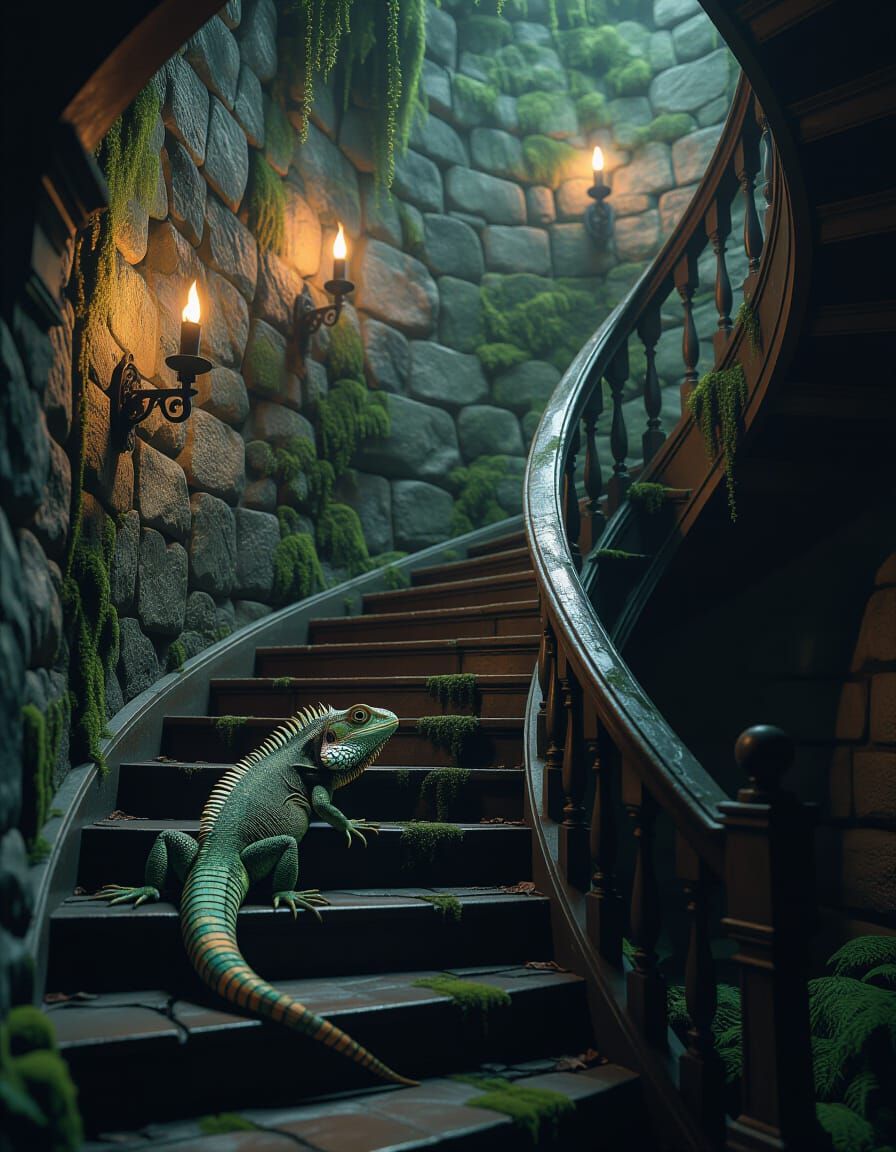 Lizard Descends Spiral Staircase in Dim Light
