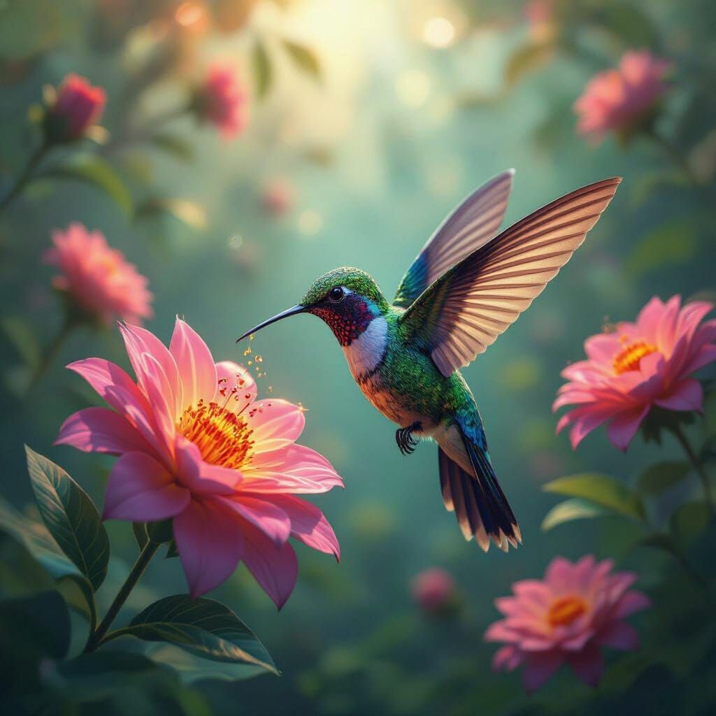 Bioluminescent Biomechanical Hummingbird in Fractal Jungle