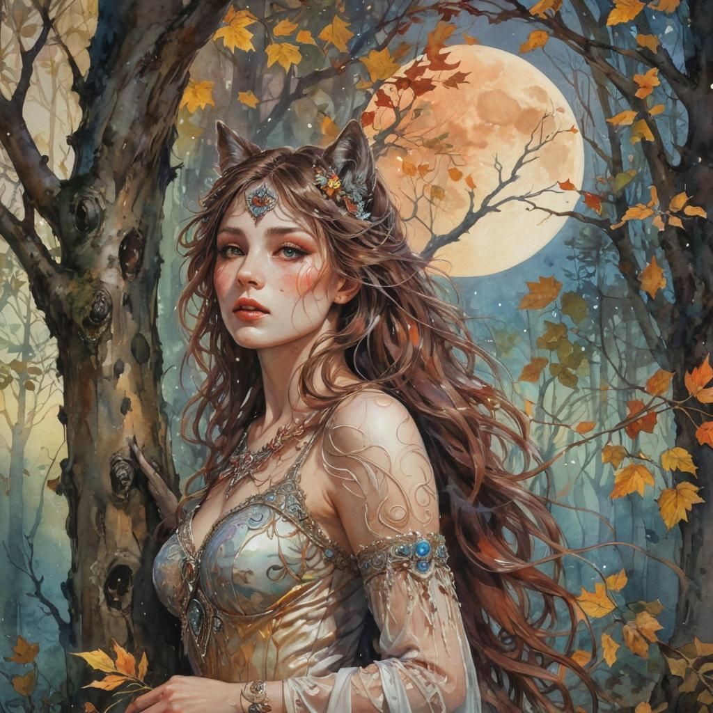 Werewolf Watches Moon Maiden in Mystical Forest
