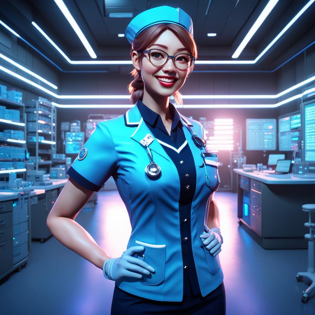 Joyful Woman Doctor in Neon Lit Lab