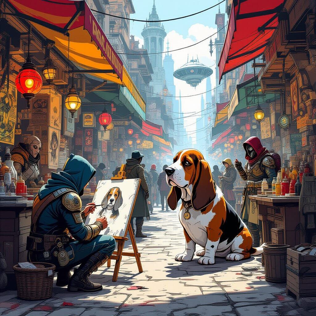 Space Opera Market with Alien Artists and Dogs