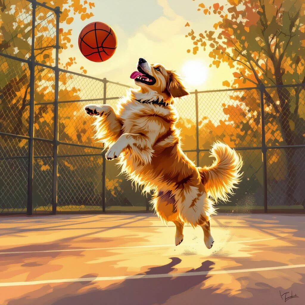 Golden Retriever Leaps for Basketball on Outdoor Court