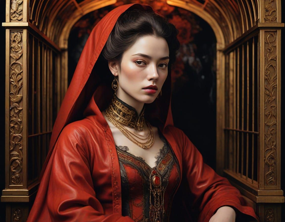 Ethereal Elegance in Crimson and Gold - Surreal Hyperrealism