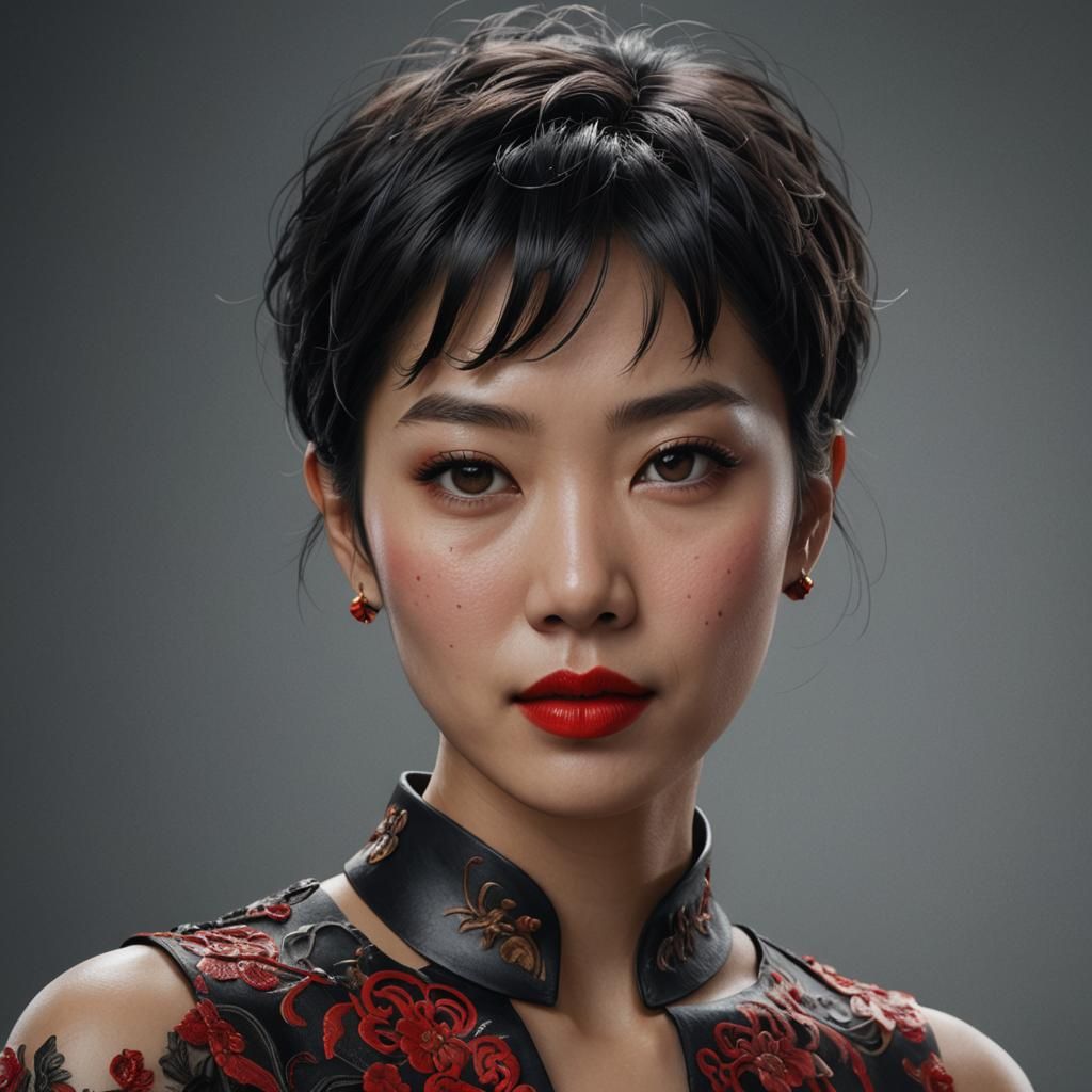 Hyperrealistic Portrait of Asian Woman with Red Lipstick