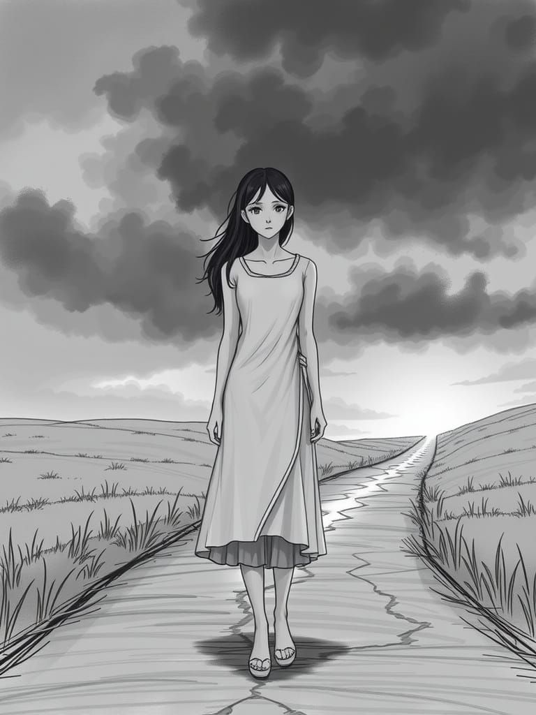 Woman at Crossroads: A Symbolic Pencil Sketch