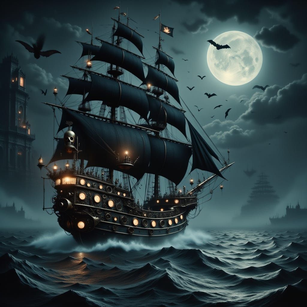 Steampunk Ghost Ship with Gear Sails in Moonlight