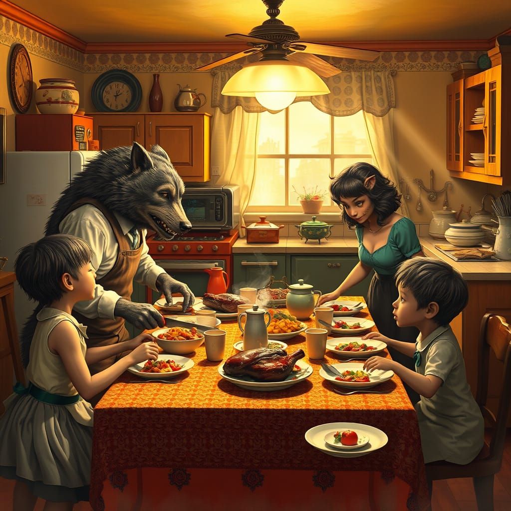 A Norman Rockwell-Inspired Family of Werewolves Share a Cozy...