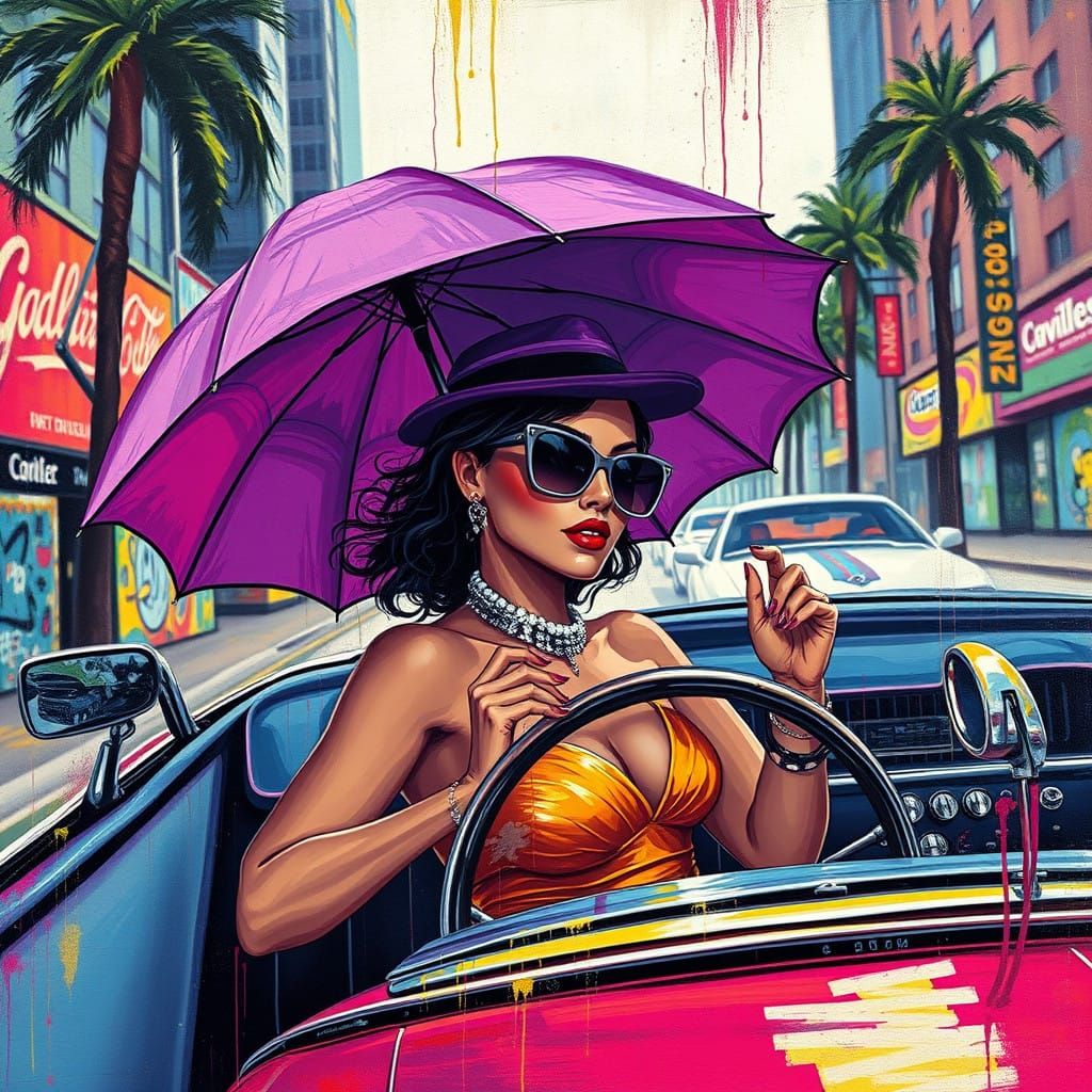 Stylish Woman Cruises Down Vibrant Street with Graffiti Art
