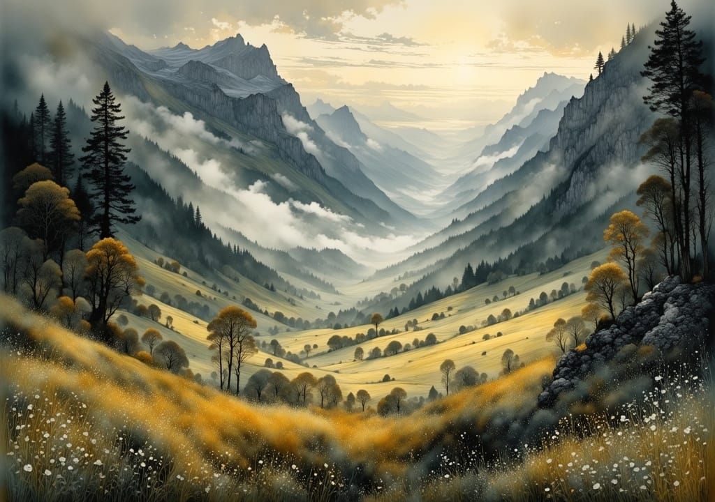 Bernese Oberland Gorge at Dusk, Watercolor Style