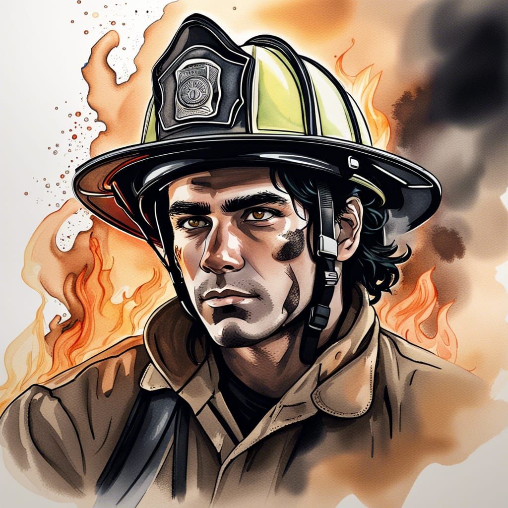 Firefighter in Watercolor with Fire Background