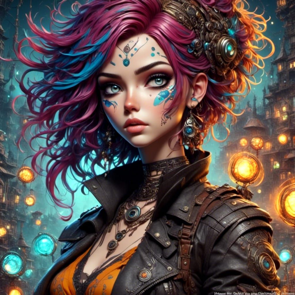 Chibi Cyberpunk Girl in Art Nouveau Style