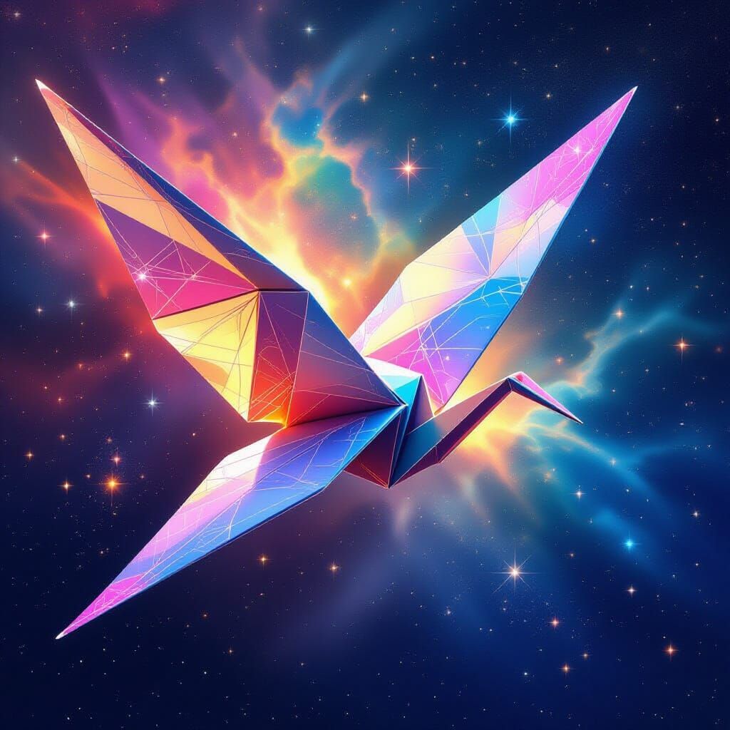 Cosmic Paper Crane Soaring Through Nebula in Art Nouveau
