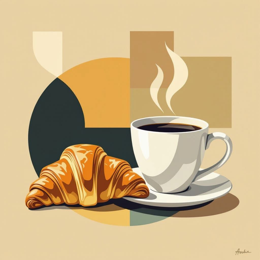 Abstract Croissant & Coffee Cup in Minimalist Style