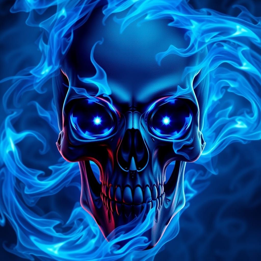 Ethereal Blue Skull with Radiant Eyes and Swirling Flames in...