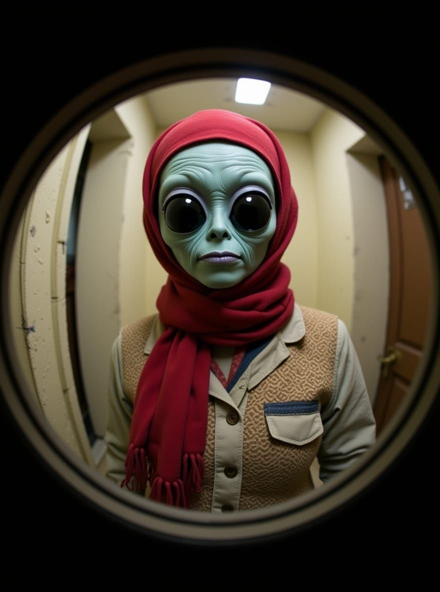 Alien Granny Seen Through Distorted Fisheye Peephole