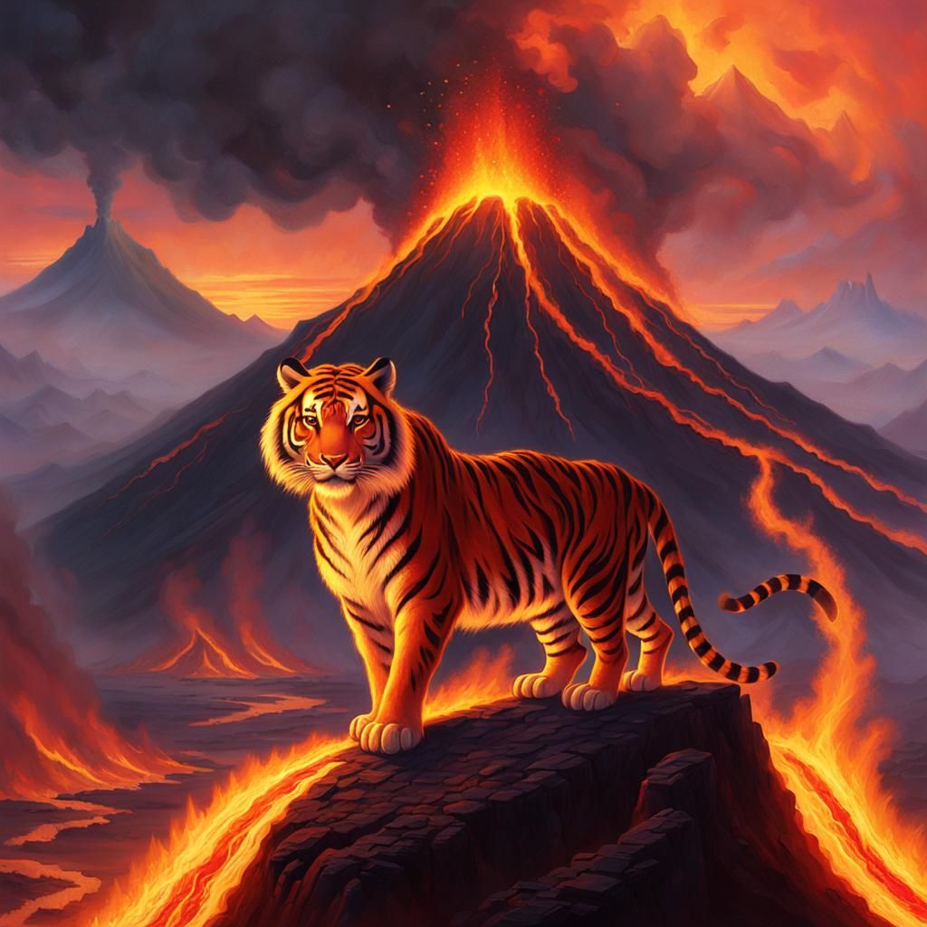 Lava Tiger on Volcano: A Fantasy Art Creation