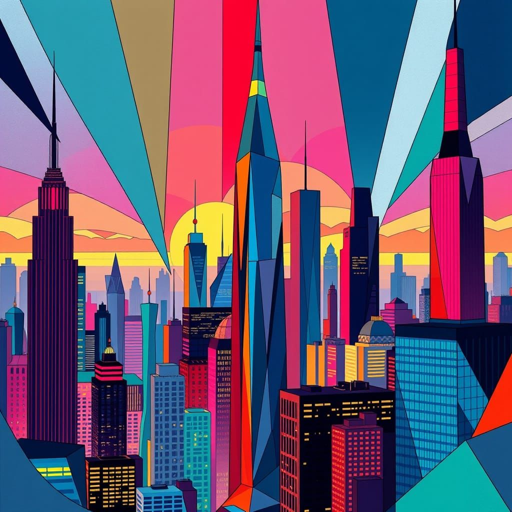 Neo-Cubist Cityscape with Vibrant Colors and Gothic-Inspired...