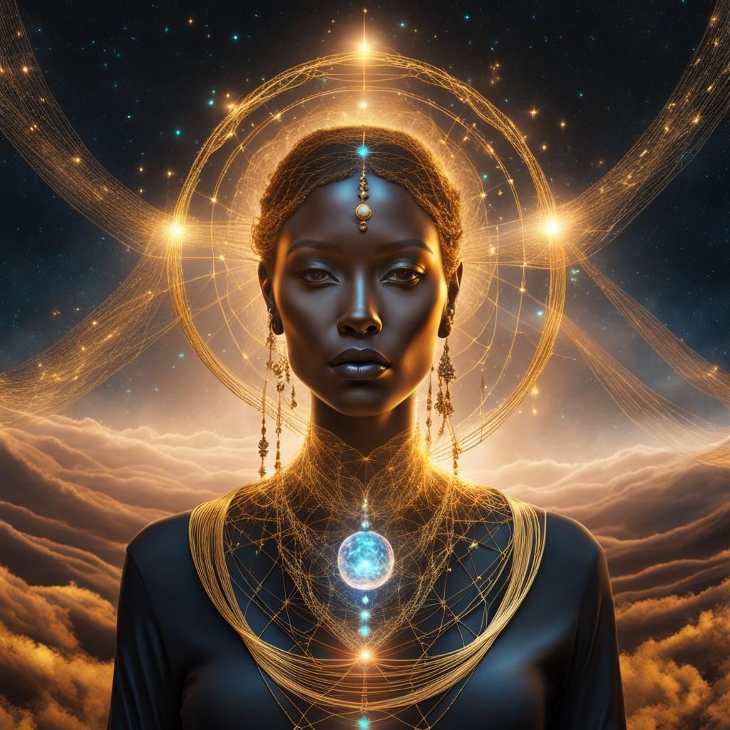 Woman Embodies Science in Holographic Cosmic Illustration