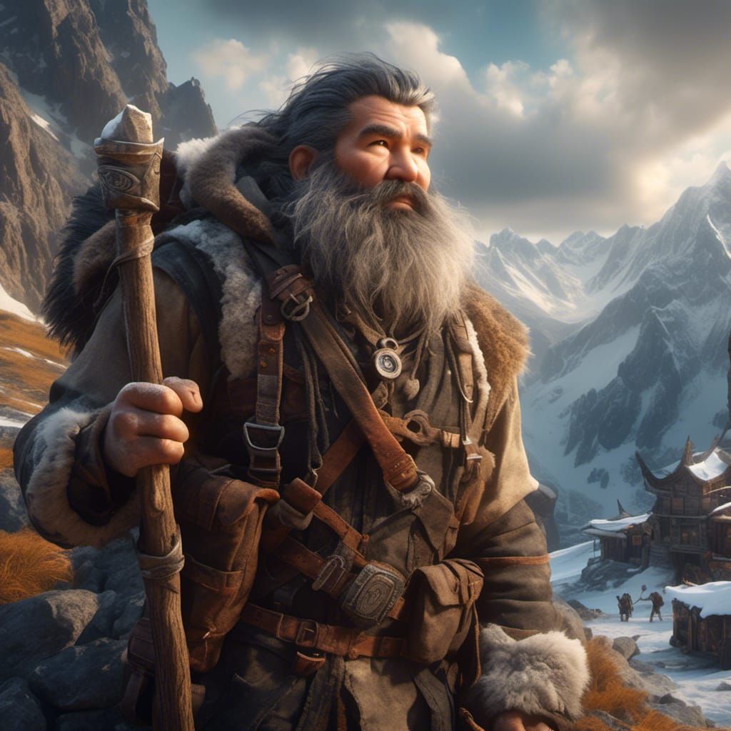 Dwarven Traveller in Snowy Mountains, Hyperreal Photo