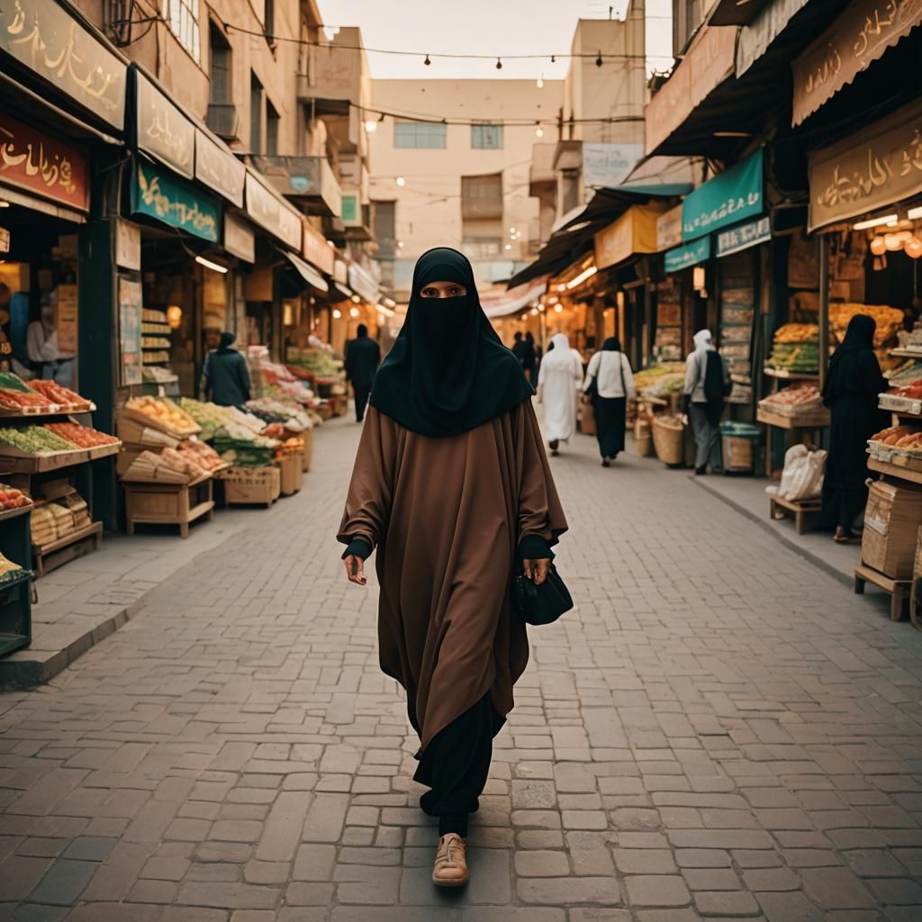 Muslim Woman in Niqab: Cinematic Market Scene