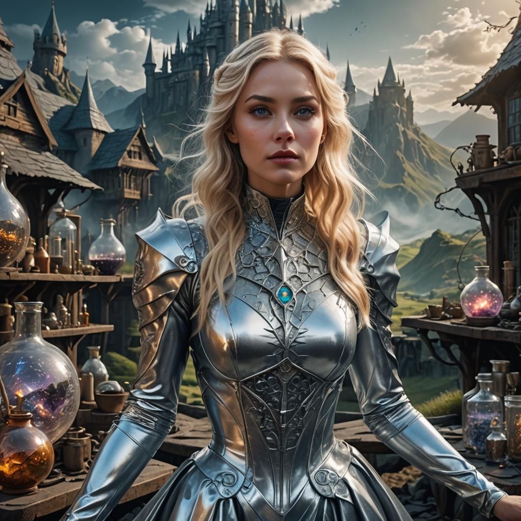 Sorceress in Latex Dress Conjuring Magic