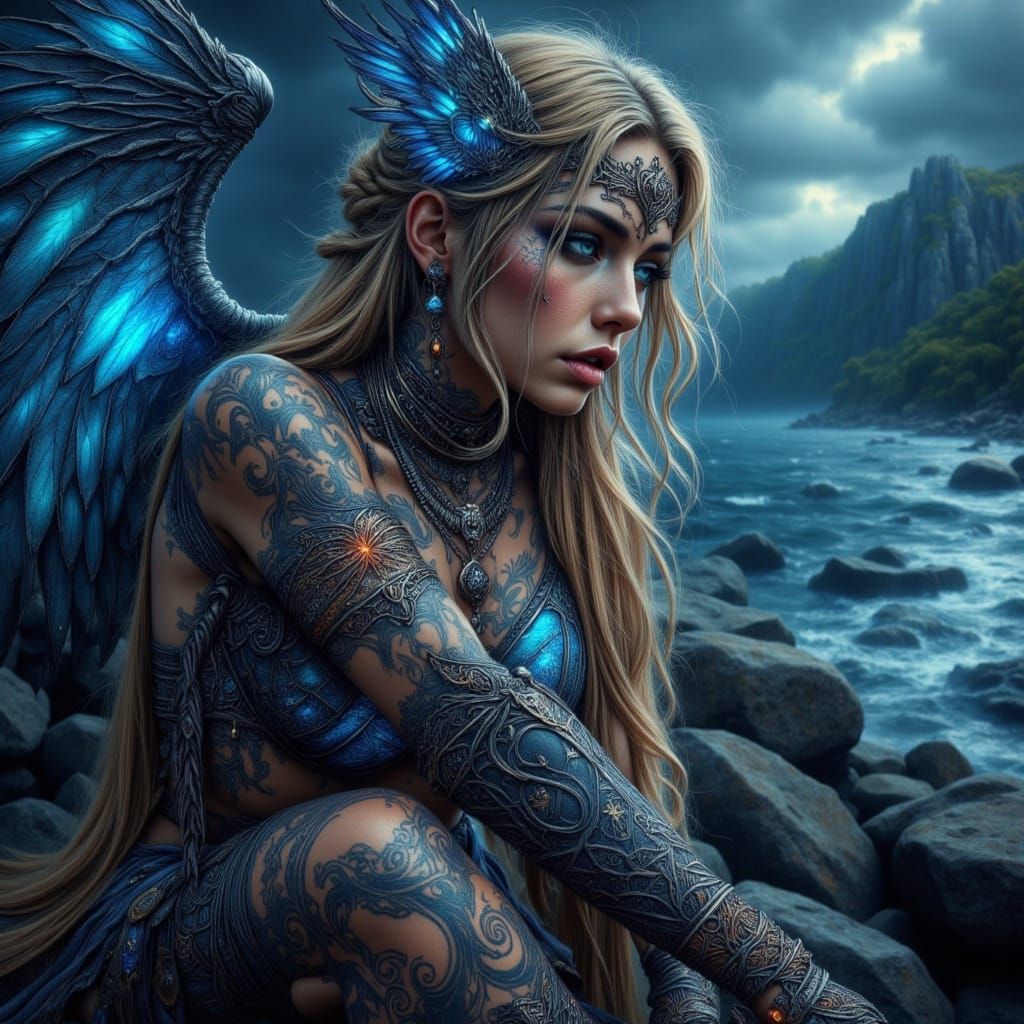 Winged Norse Valkyrie with Runic Tattoos
