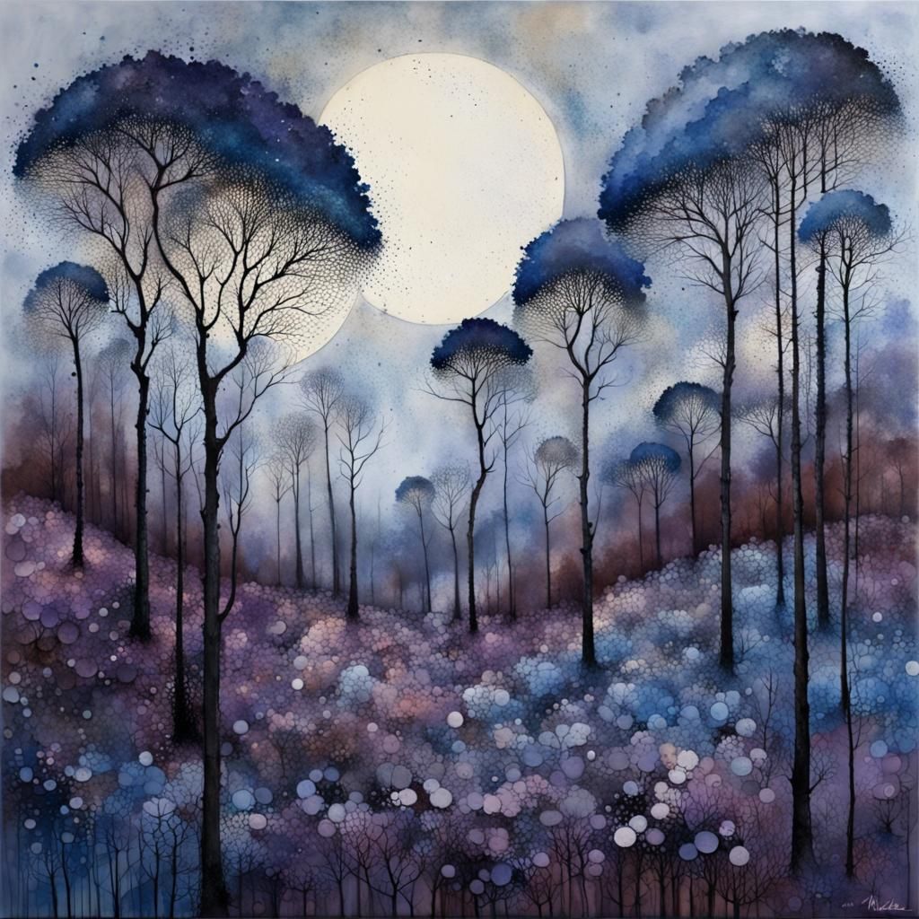 Blue Forest Moonscape in Art Brut Style