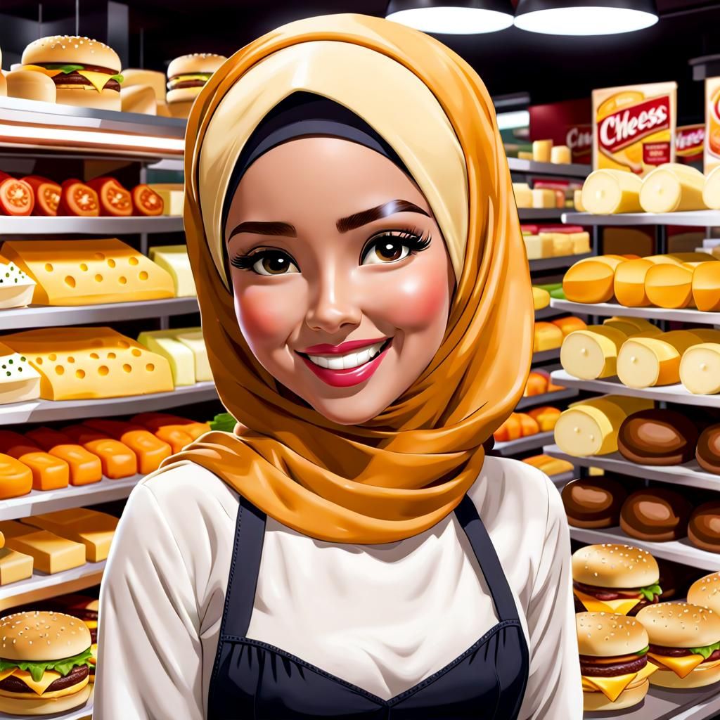 Smiling Woman Selling Cheese in Cheeseburger Store