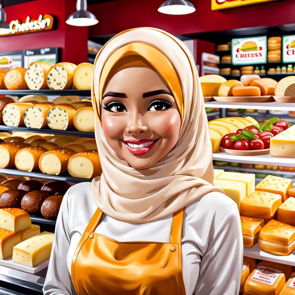 Hijab Woman in Cheese Shop, Realistic Detail