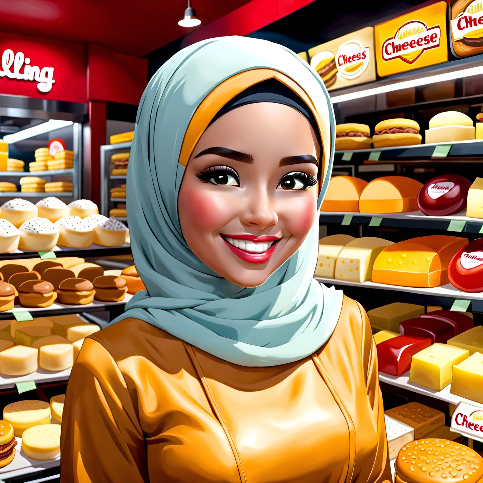Hijab Cutie in Cheeseburger Store Selling Cheeses