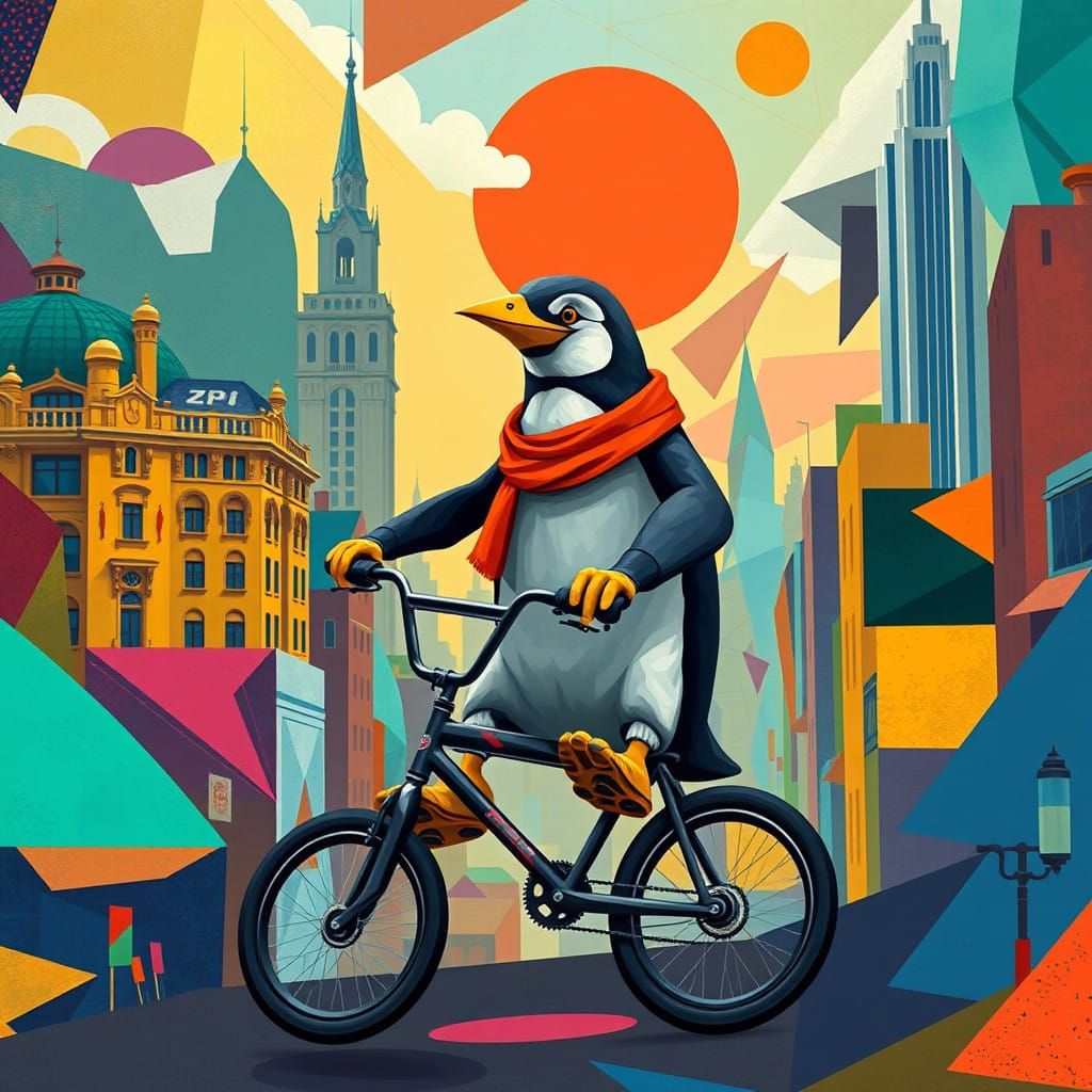 BMX Penguin in Vibrant Neo-Cubist Cityscape