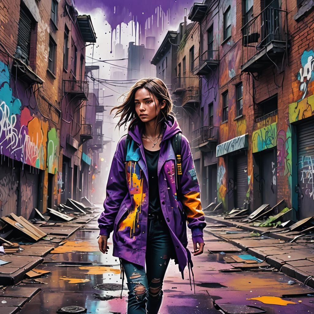 Woman in Abandoned City Graffiti Art