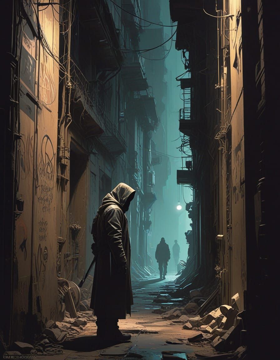 Gritty Cyberpunk Figure in Abandoned Alleyway