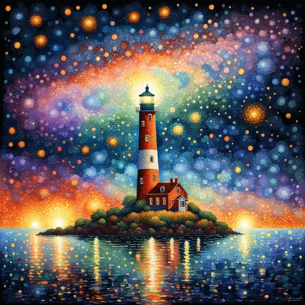 Lighthouse at Night in Pointillist Style