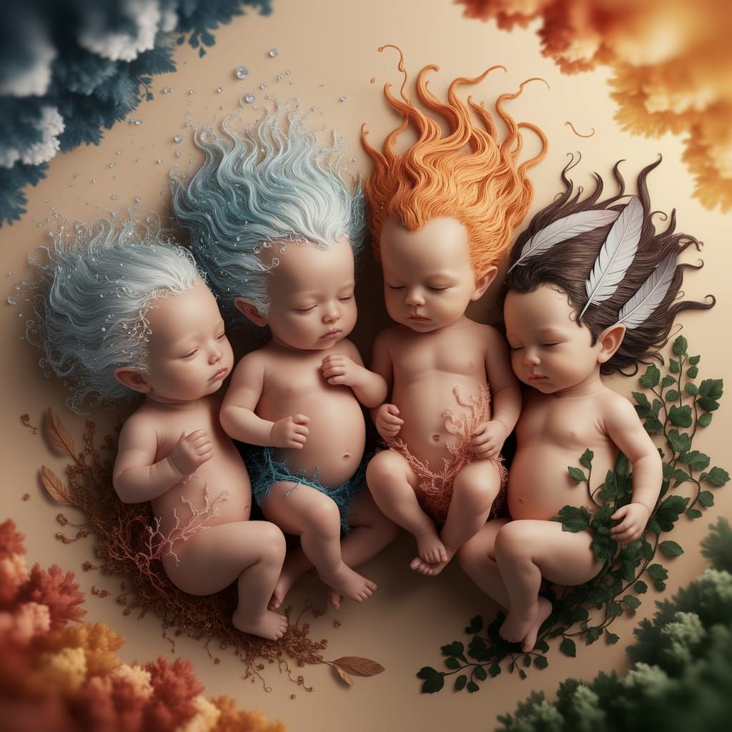 Four Elemental Babies in Ethereal Landscape