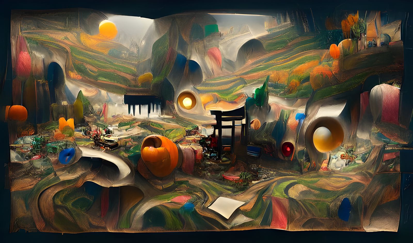 Surreal Pumpkin Patch Landscape with Abandoned Piano