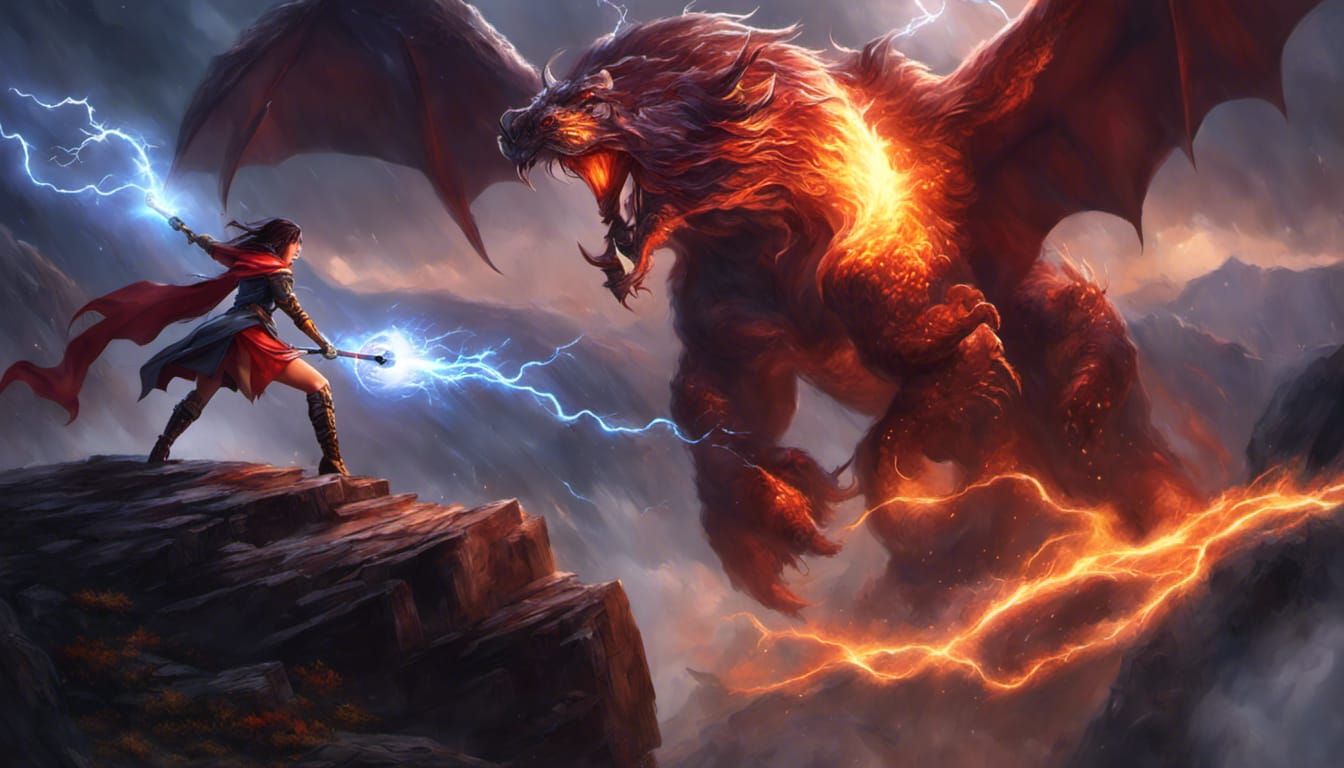 Mage Battles Fiery Creature in Epic Mountain Storm