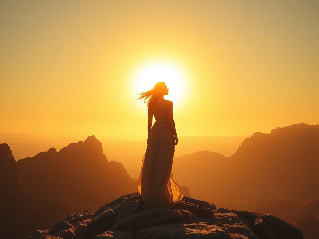 Woman Gazing at Golden Sun in Retro Sci-Fi