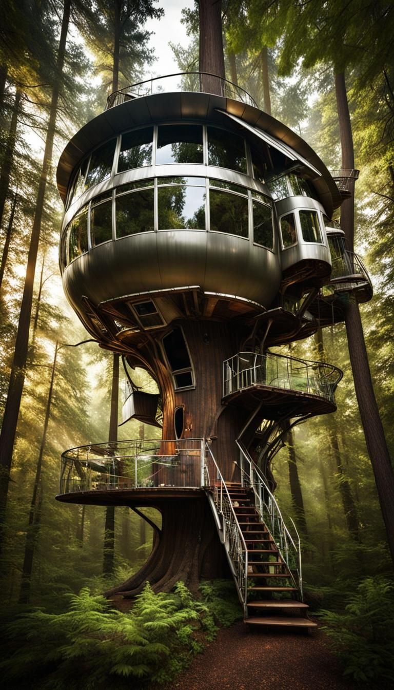 Whimsical Airliner Treehouse in Dramatic Lighting