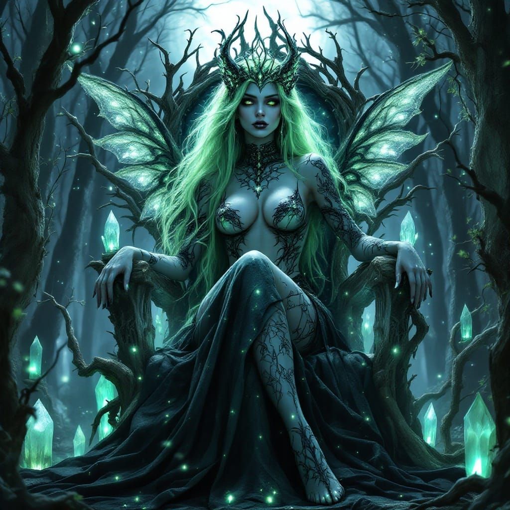 Gothic Fairy Queen on Crystal Throne in Dark Fantasy Style