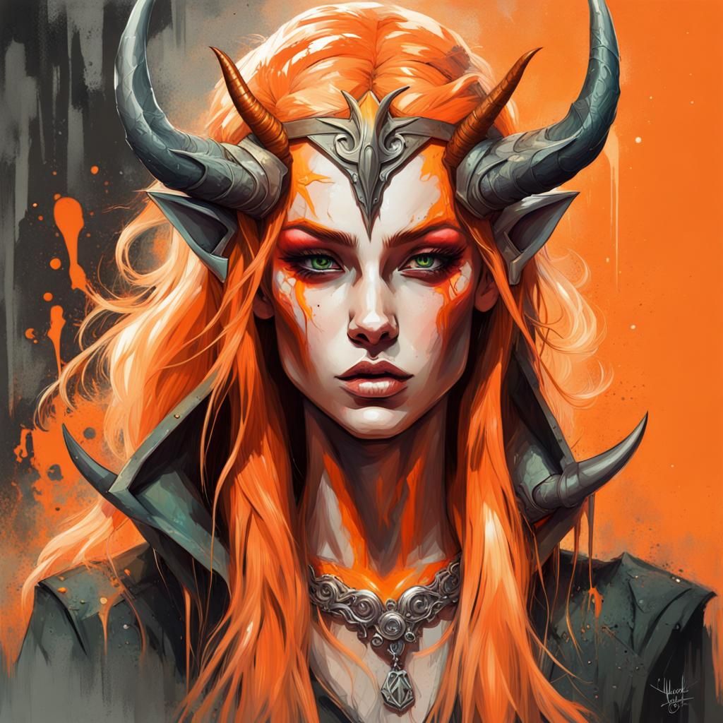 Elven Woman with Horns in Graffiti Art Style