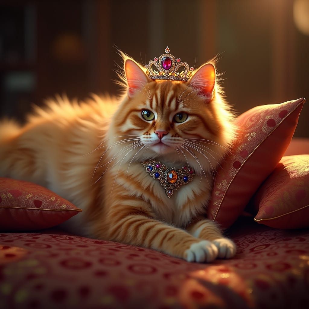 Regal Persian Cat Adorned with Jewels and Tiara on Silk Pill...