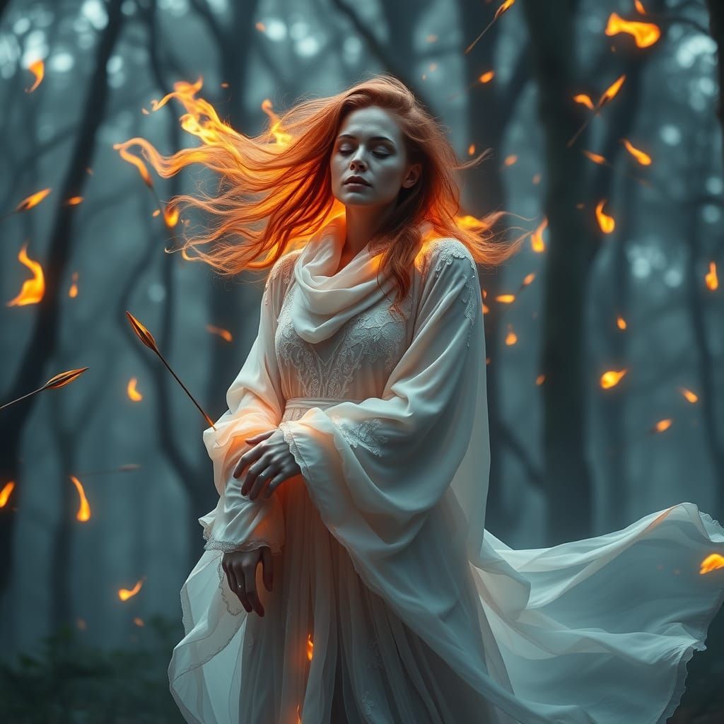 Ethereal Woman Ablaze in Mystical Forest