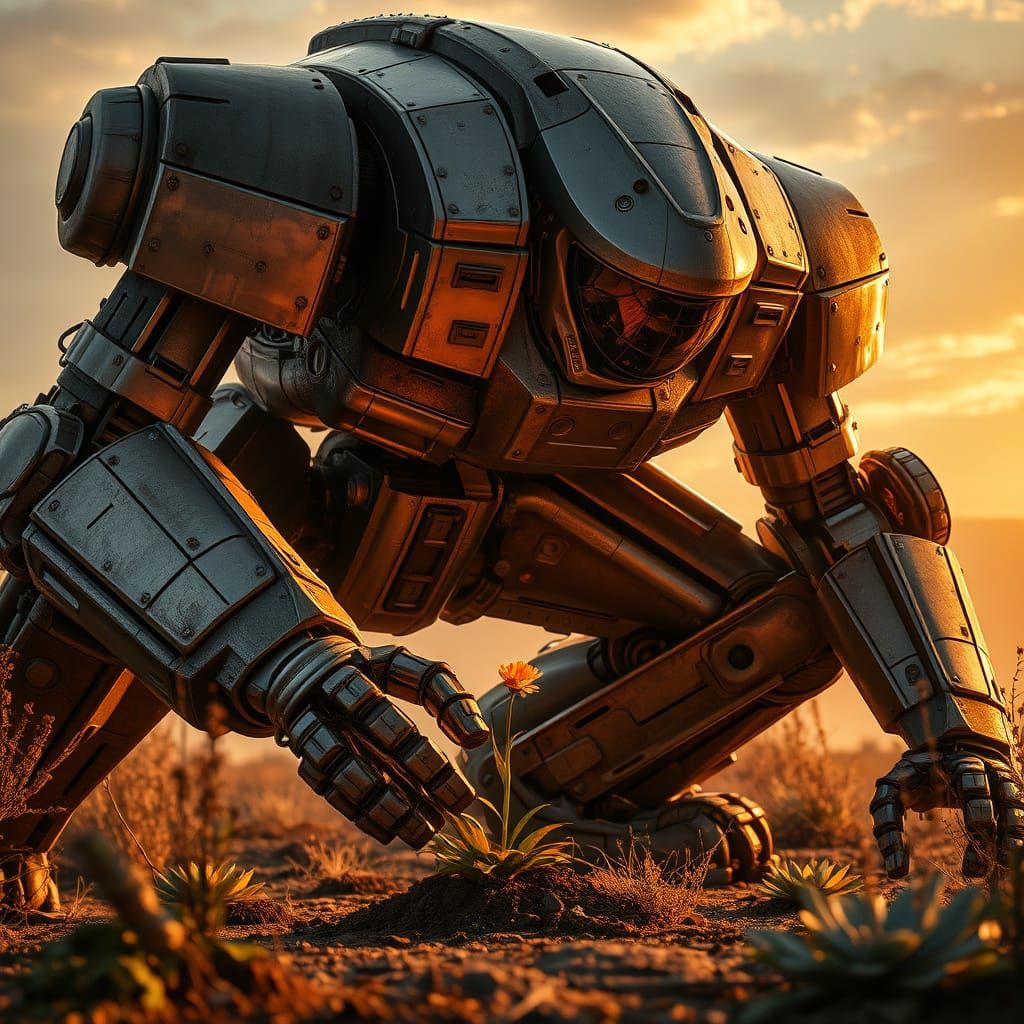 Gentle Mech Giant Plants a Flower in a Sci-Fi Film Noir Sett...