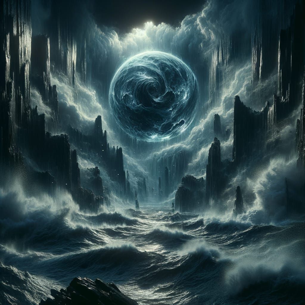 Dark Fantasy Water Orb Over Turbulent Sea