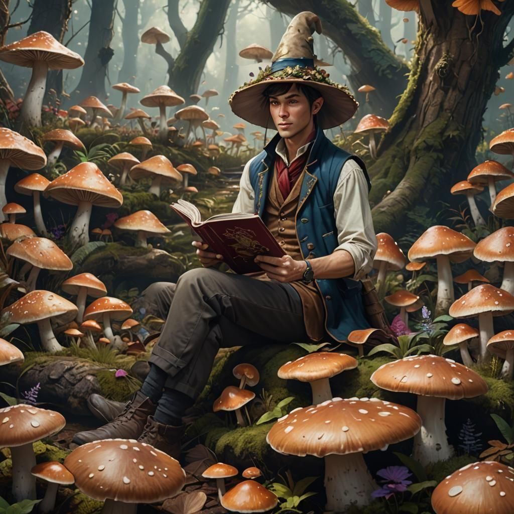 Young Man Reading Book Surrounded by Mushrooms